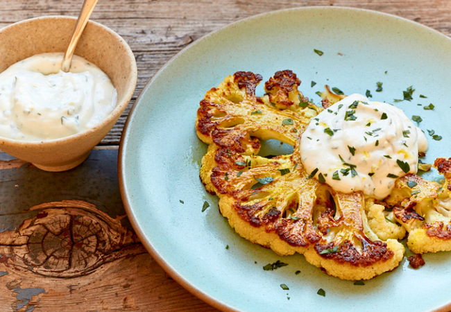Roasted cauliflower steaks with herbed yogurt