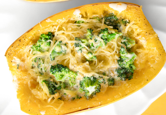 Stuffed Spaghetti Squash with Broccoli & Cheddar Sauce